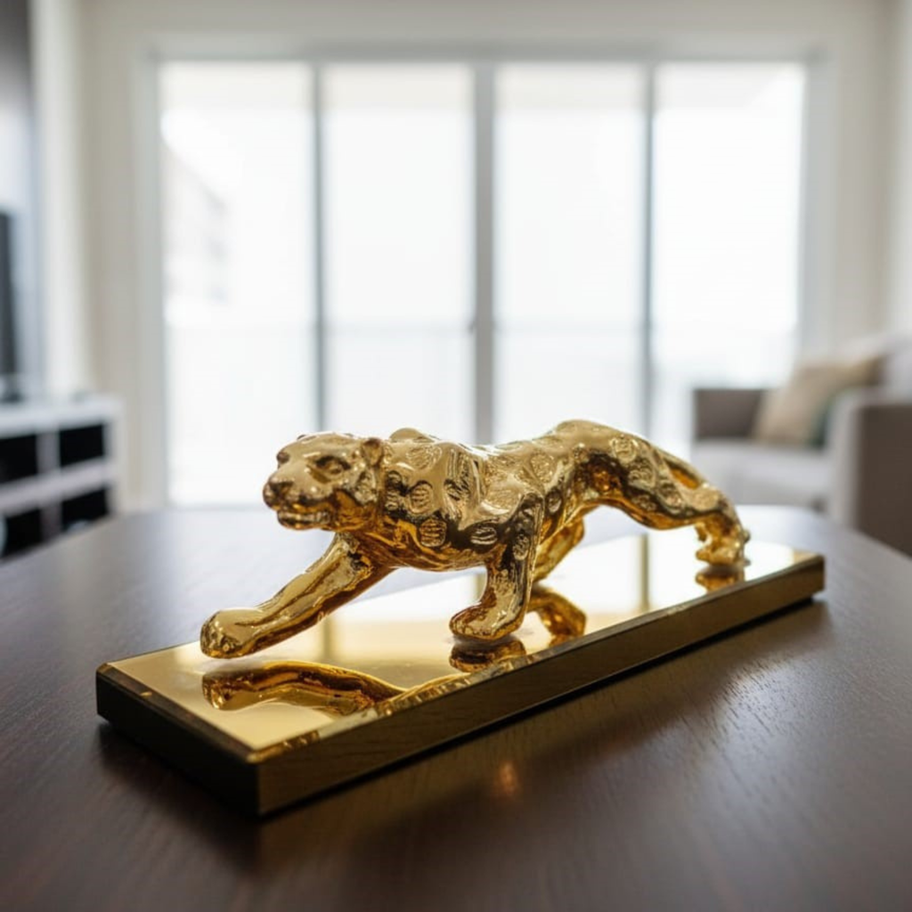 decrative Golden Metal Leopard Statue with golden stand