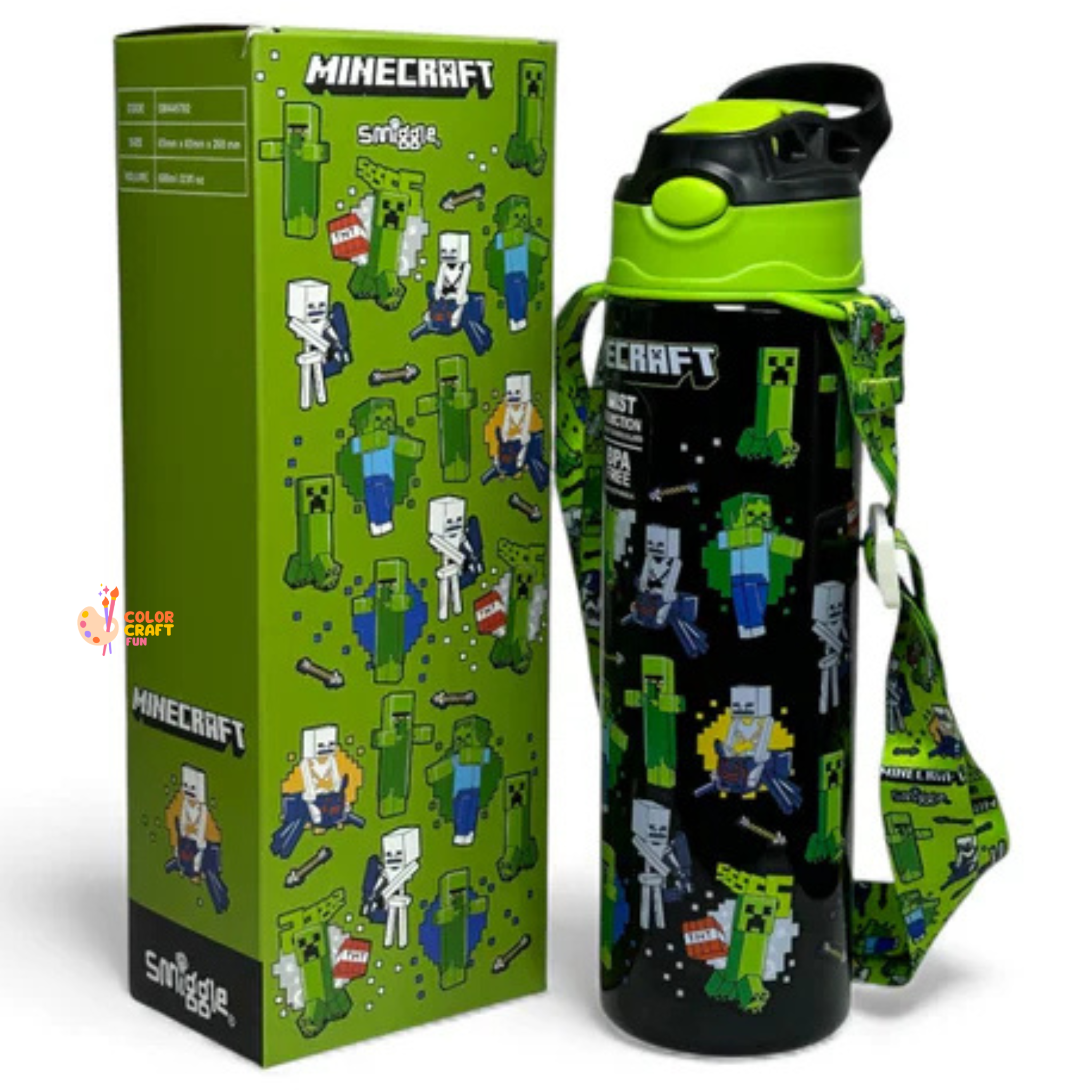 Smiggle Orignal Mine Craft Plastic Water Bottle 680 ml With Side Hanging Strap