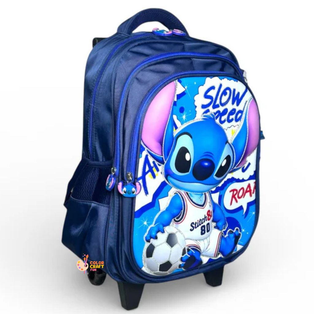 16 Inch 3D Stitch Trolley Bag For Grade 2 Till 4 Boys ( With Keychain )
