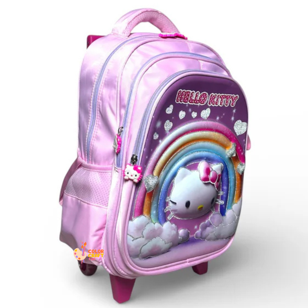 16 Inch 3D Hello Kitty Trolley Bag For Grade 2 Till 4 Girls ( With Keychain )
