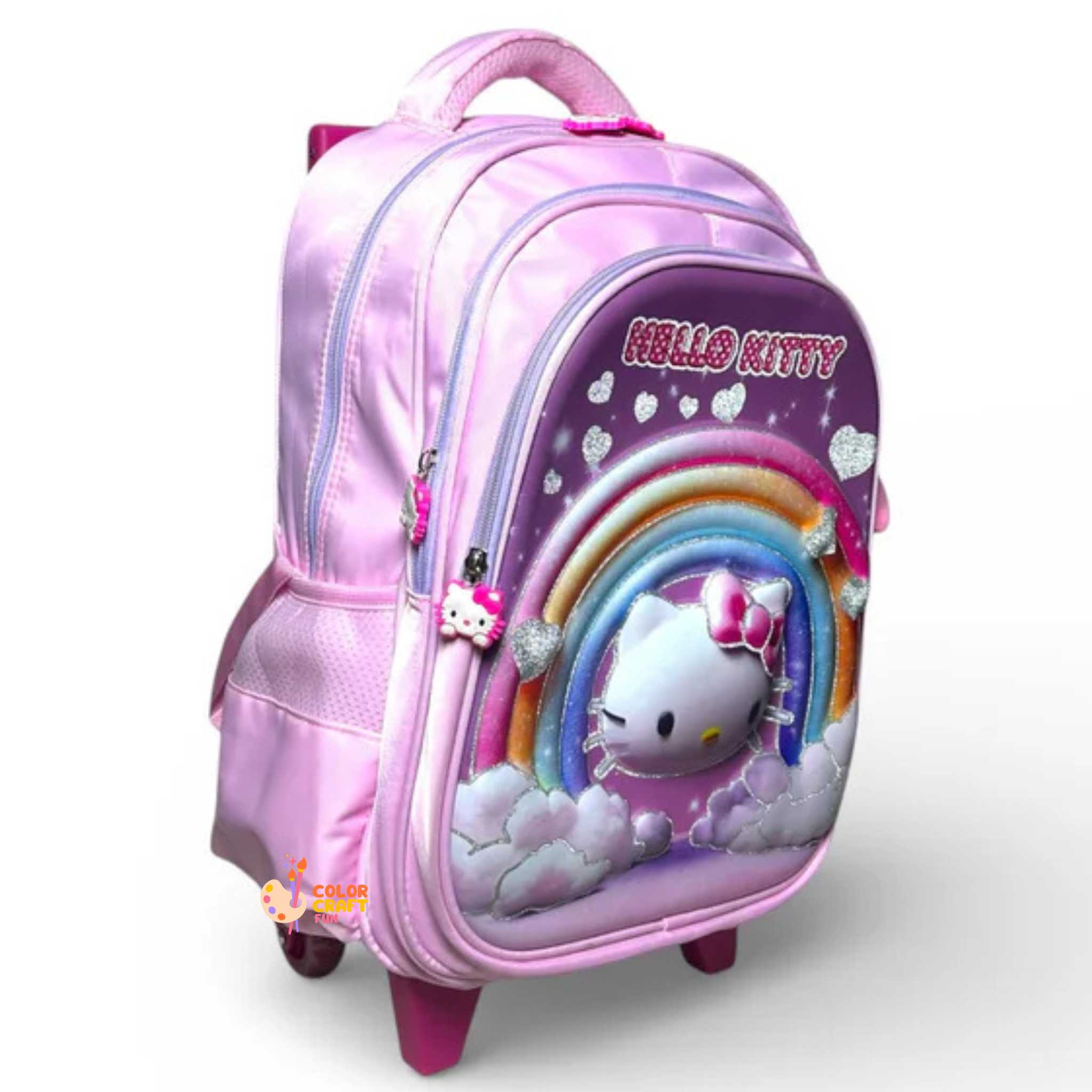 16 Inch 3D Hello Kitty Trolley Bag For Grade 2 Till 4 Girls ( With Keychain )