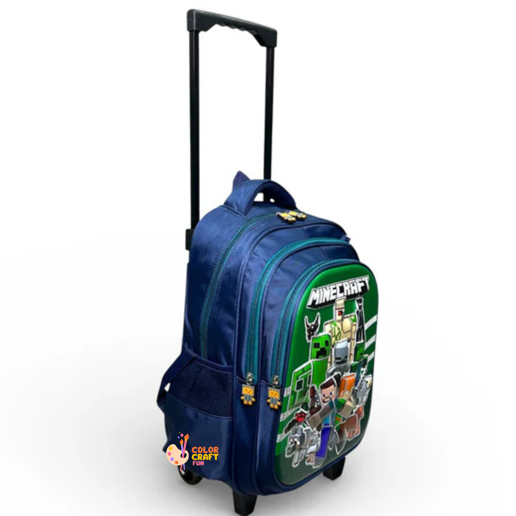 16 Inch 3D Minecraft Trolley Bag For Grade 2 Till 4 Boys ( With Keychain )
