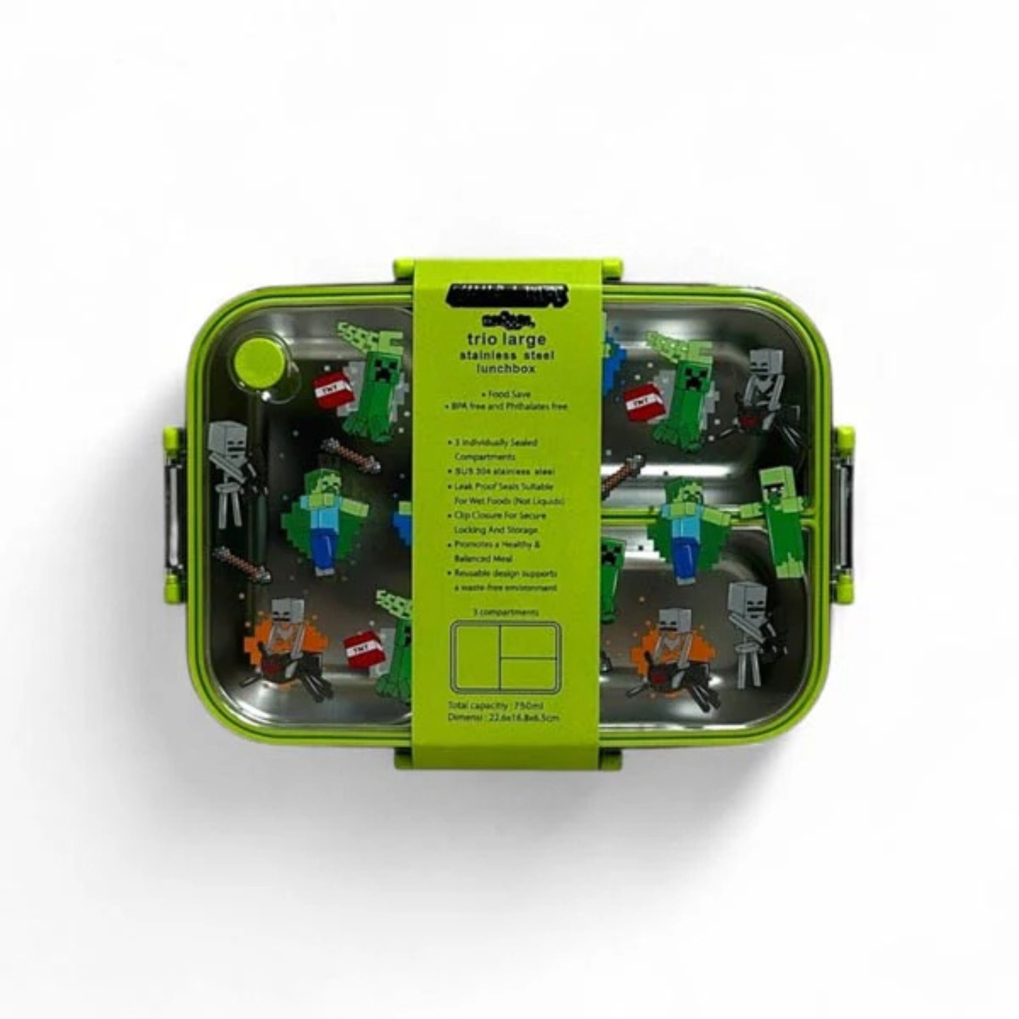 Smiggle Minecraft 3 Portion Stainless Steel Lunch Box – Leak Proof, 750ml (SM262198)