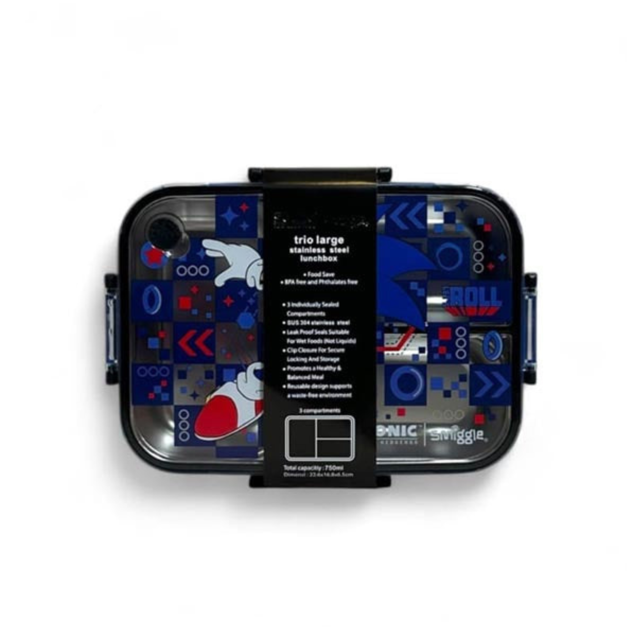 Smiggle Sonic The Hedgehog 3 Portion Stainless Steel Lunch Box – Leak Proof, 750ml (SM262198)