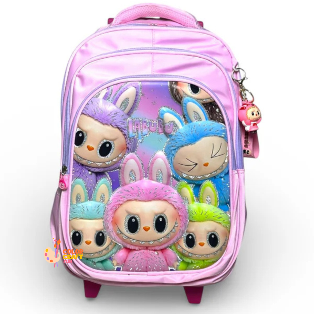 18 Inch 3D Labubu Trolley Bag For Grade 4 Till 8 Girls ( With Keychain )