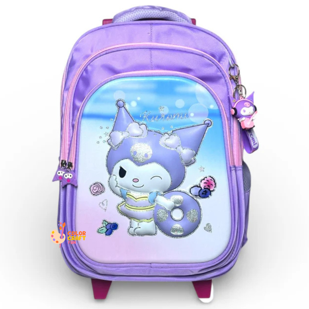 16 Inch 3D Kuromi Trolley Bag For Grade 2 Till 4 Girls ( With Keychain )