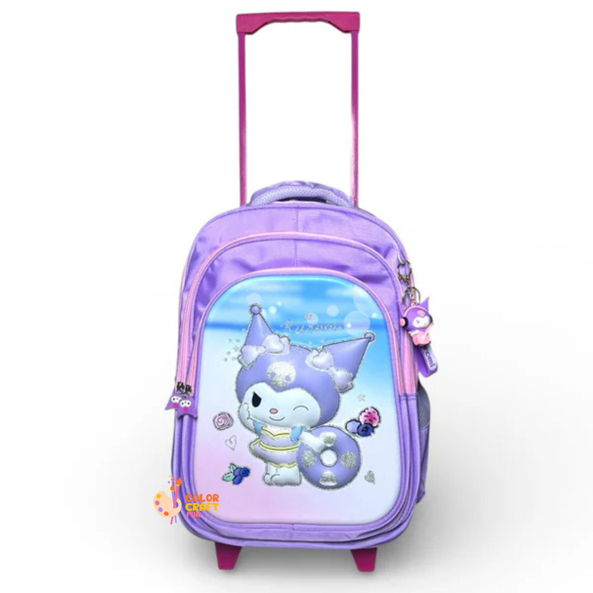 16 Inch 3D Kuromi Trolley Bag For Grade 2 Till 4 Girls ( With Keychain )