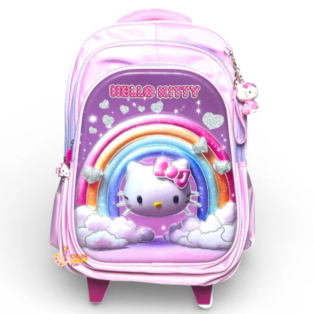 16 Inch 3D Hello Kitty Trolley Bag For Grade 2 Till 4 Girls ( With Keychain )