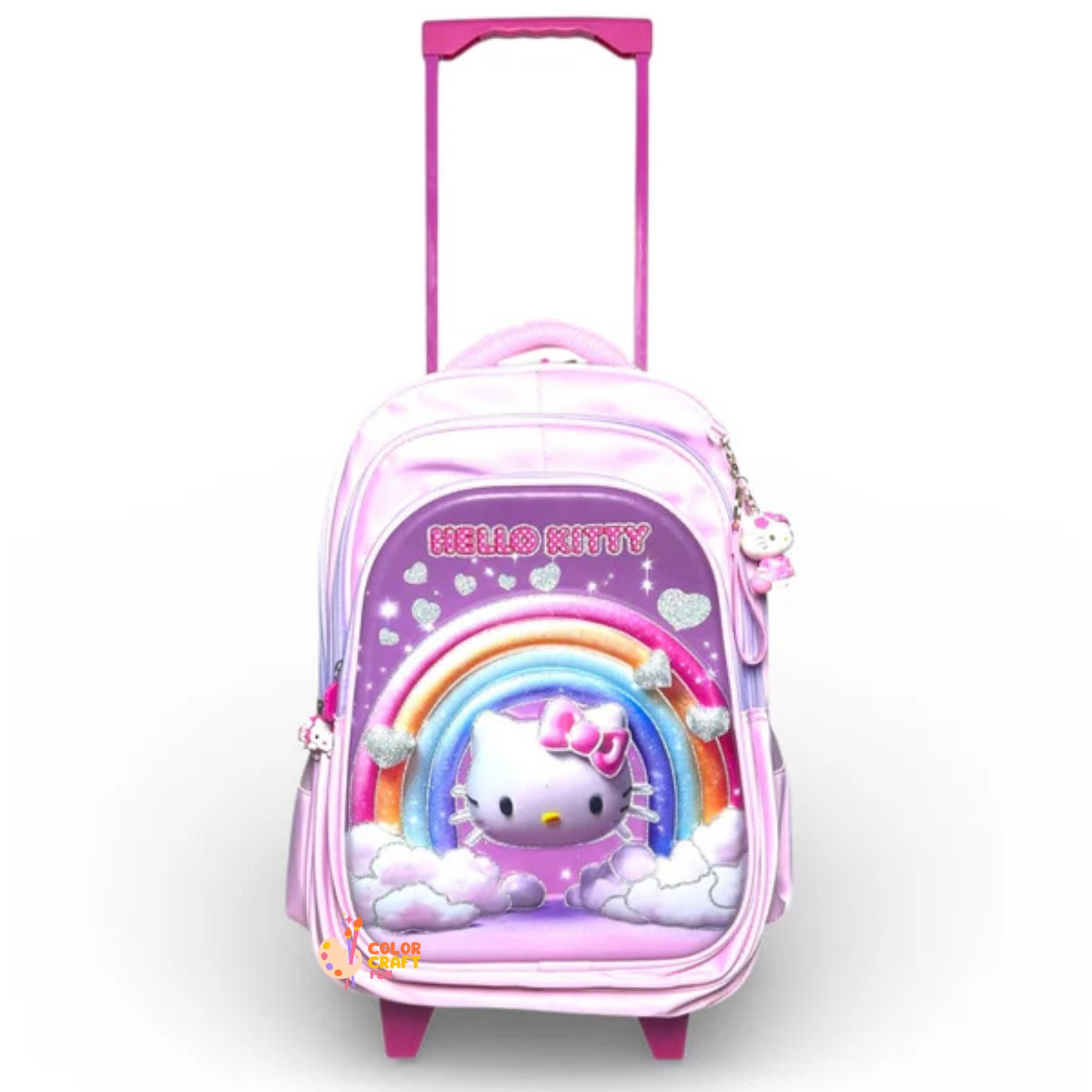 16 Inch 3D Hello Kitty Trolley Bag For Grade 2 Till 4 Girls ( With Keychain )