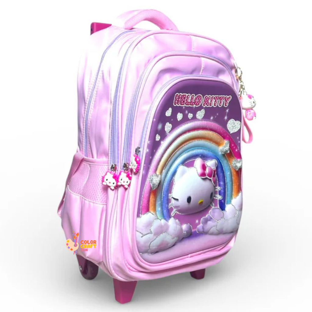 18 Inch 3D Hello Kitty Trolley Bag For Grade 4 Till 8 Girls ( With Keychain )