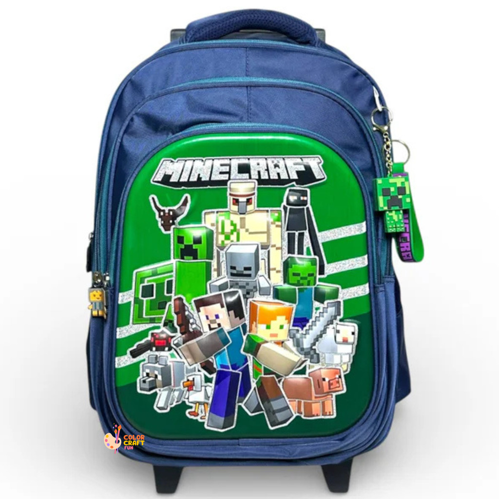 16 Inch 3D Minecraft Trolley Bag For Grade 2 Till 4 Boys ( With Keychain )