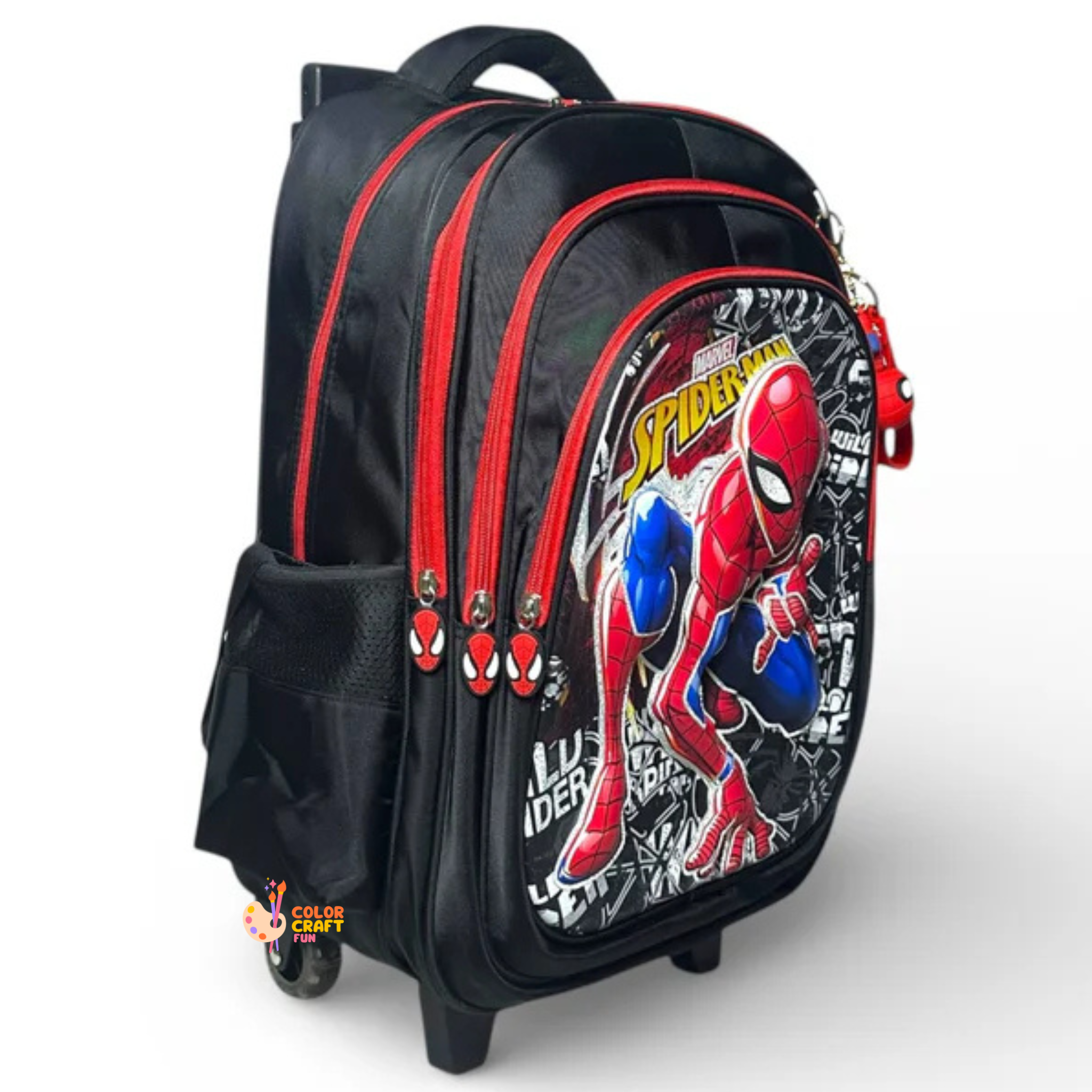 18 Inch 3D Spiderman Trolley Bag For Grade 4 Till 8 Boys ( With Keychain )