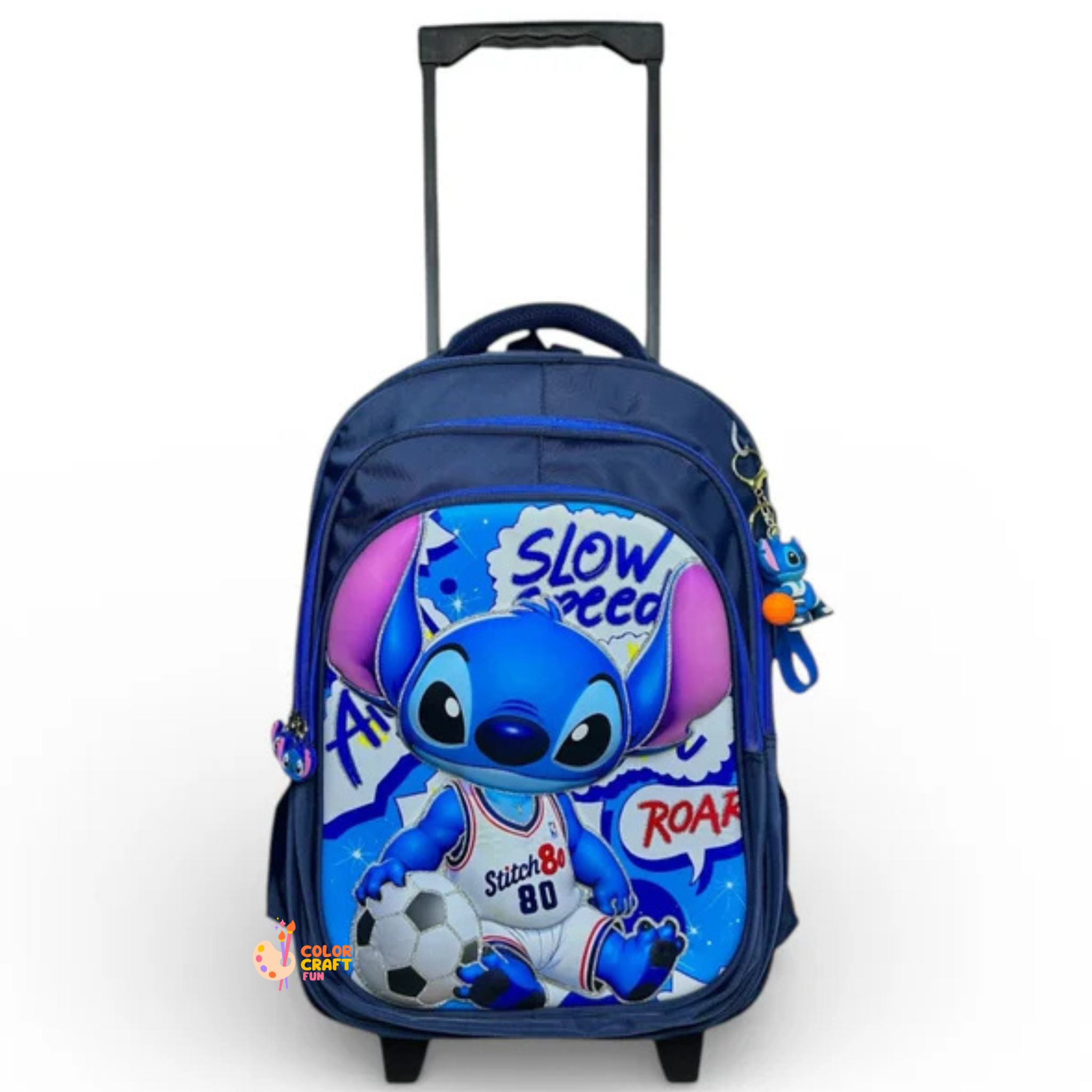 18 Inch 3D Stitch Trolley Bag For Grade 4 Till 8 Boys ( With Keychain )