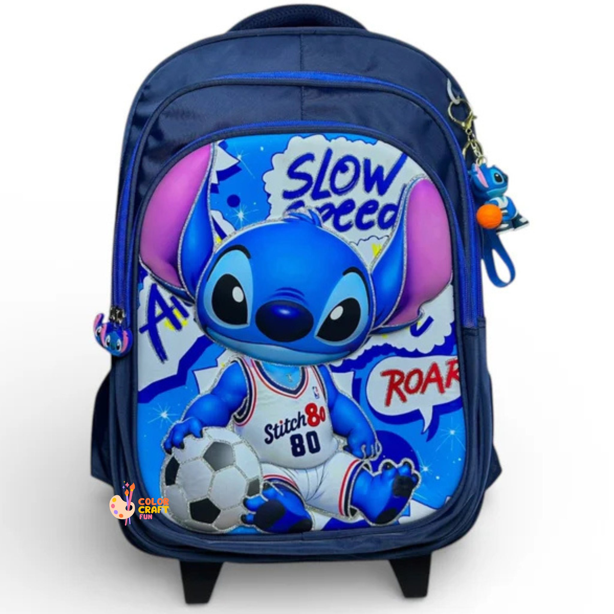 18 Inch 3D Stitch Trolley Bag For Grade 4 Till 8 Boys ( With Keychain )