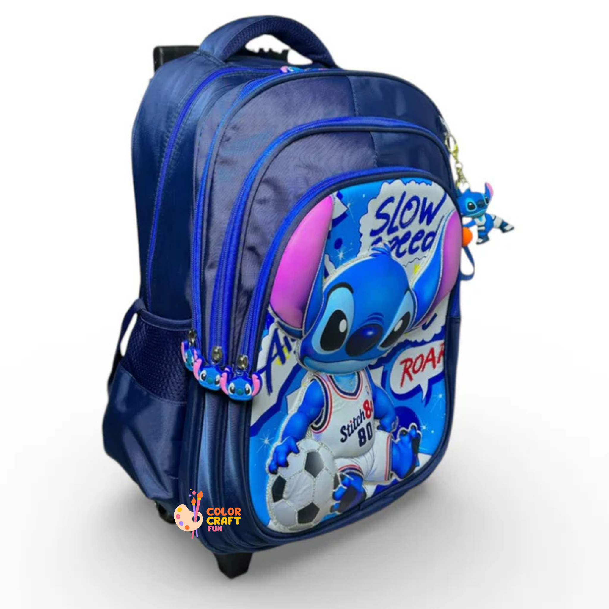 18 Inch 3D Stitch Trolley Bag For Grade 4 Till 8 Boys ( With Keychain )