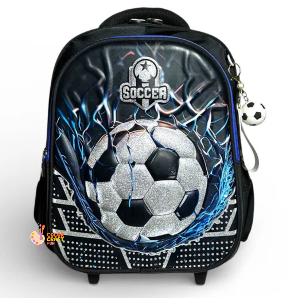 14 Inch 3D Football Trolley Bag For Grade kg Till 1 Boys ( With Keychain )