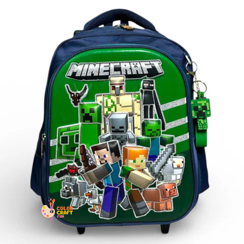 14 Inch 3D Minecraft Trolley Bag For Grade kg Till 1 Boys ( With Keychain )