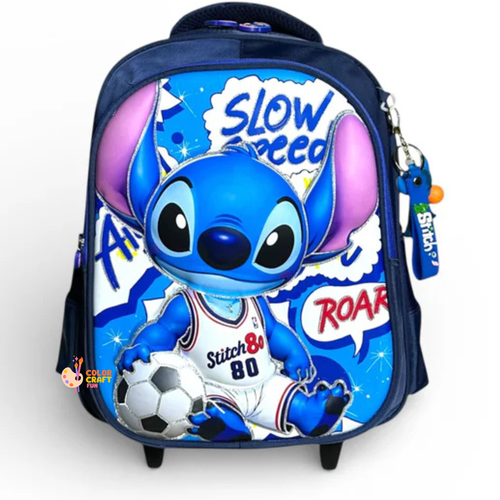 14 Inch 3D Stitch Trolley Bag For Grade kg Till 1 Boys ( With Keychain )