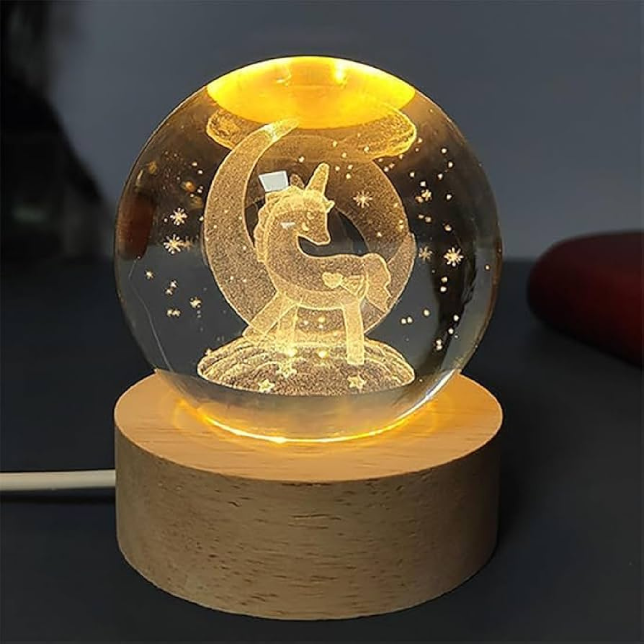 3D crystal ball night lamp with a laser-engraved unicorn design on a wooden base 70mm