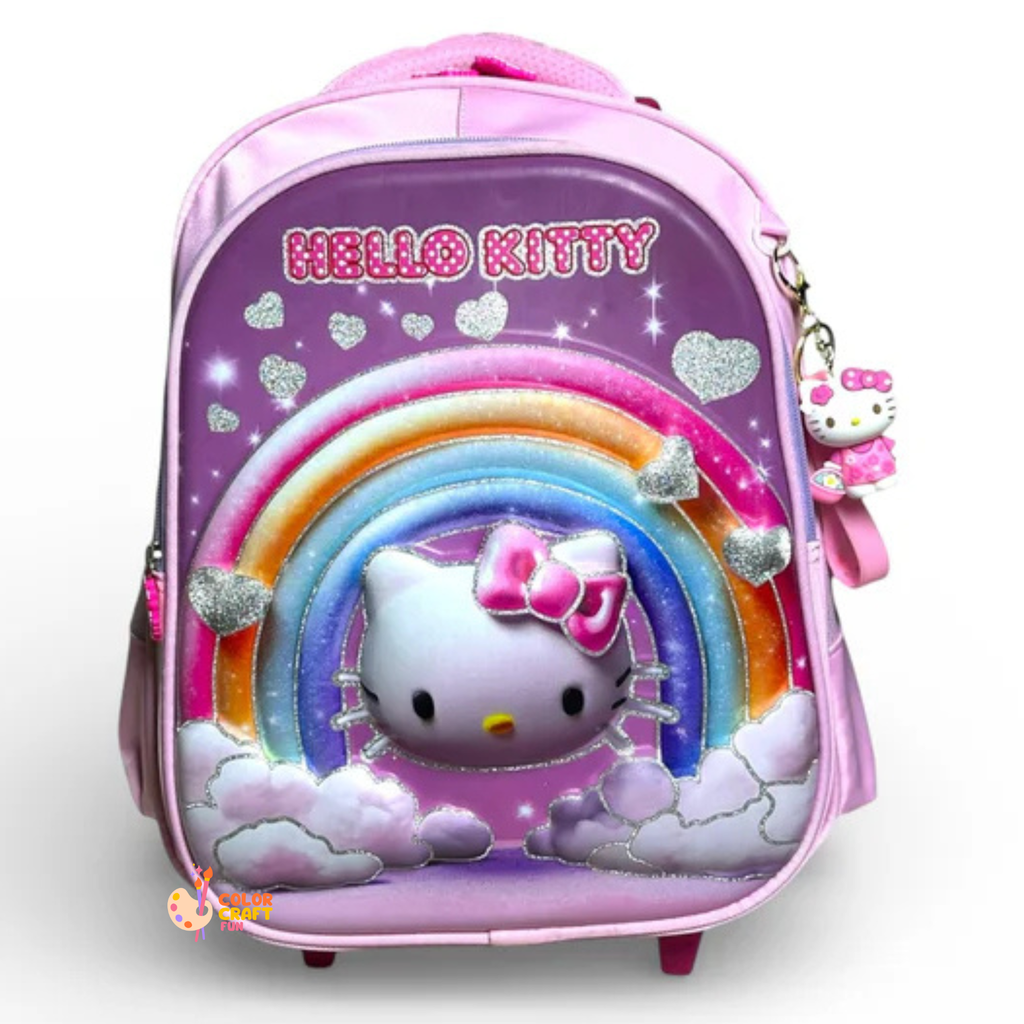 14 Inch 3D Hello Kitty Trolley Bag For Grade kg Till 1 Girls ( With Keychain )