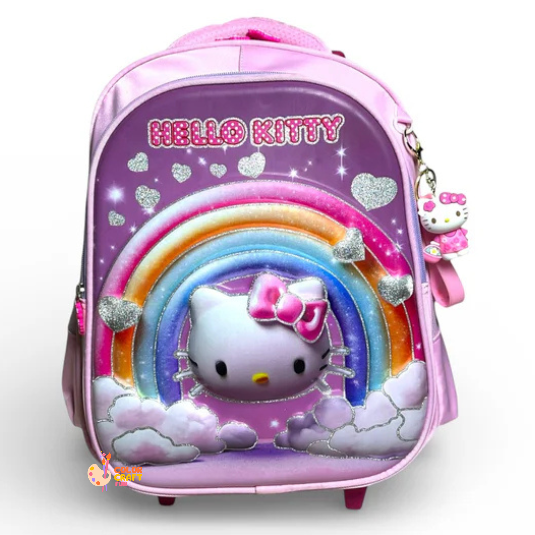14 Inch 3D Hello Kitty Trolley Bag For Grade kg Till 1 Girls ( With Keychain )