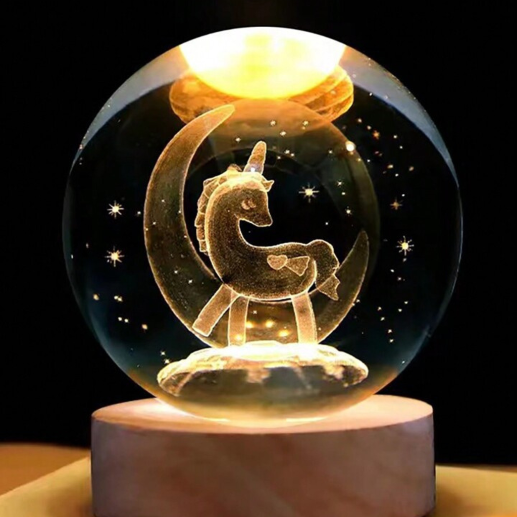 3D crystal ball night lamp with a laser-engraved unicorn design on a wooden base 70mm