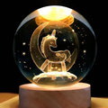 3D crystal ball night lamp with a laser-engraved unicorn design on a wooden base 70mm