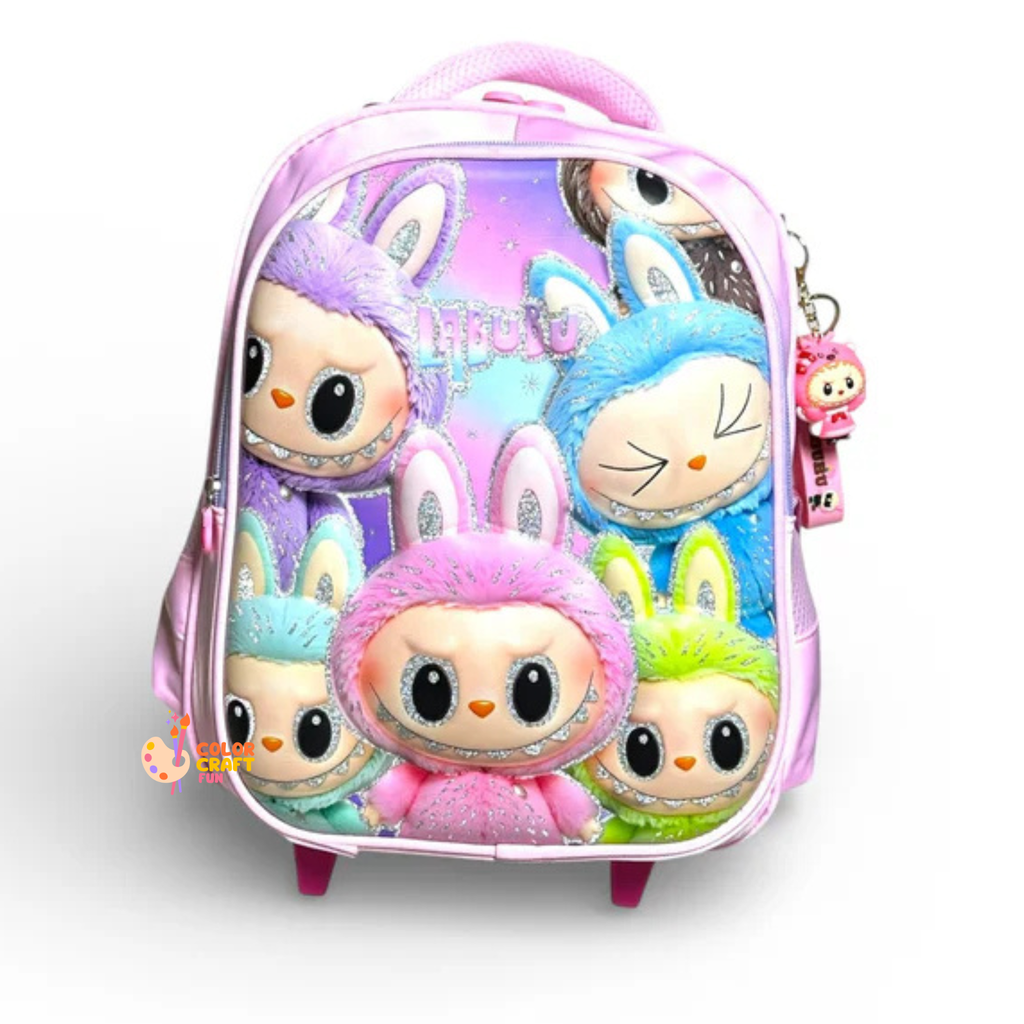 14 Inch 3D Labubu Trolley Bag For Grade kg Till 1 Girls ( With Keychain )