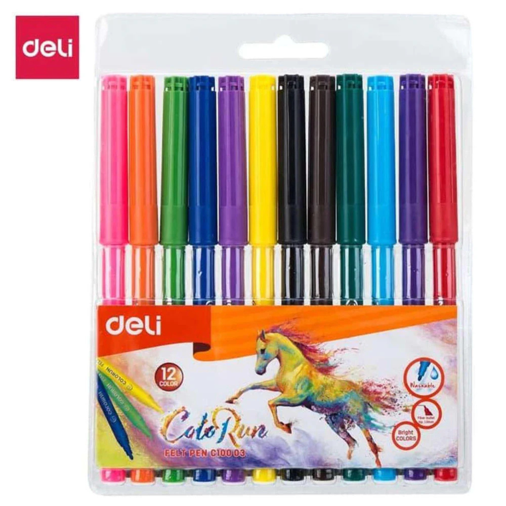 Deli Washable Marker Felt Pen - 12 Colours, Model C100-03.