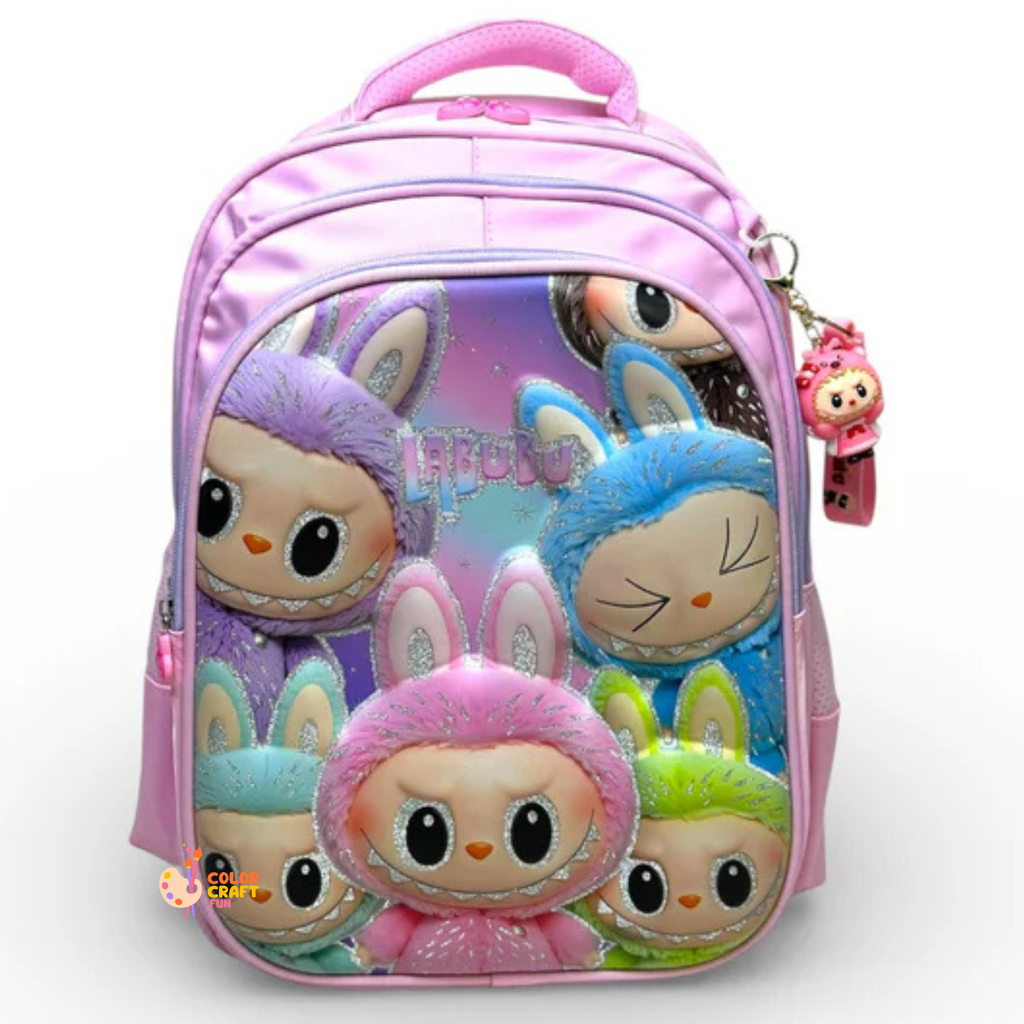 16 Inch 3D Labubu School Bag For Grade 1 Till 3 Girls ( With Keychain )