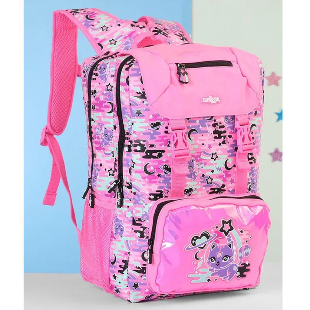 Smiggle Pink Astronaut Cat Foldover School Bag for Kids | Premium Durable Backpack (Grade 3–8)xl size (100%orignalO)