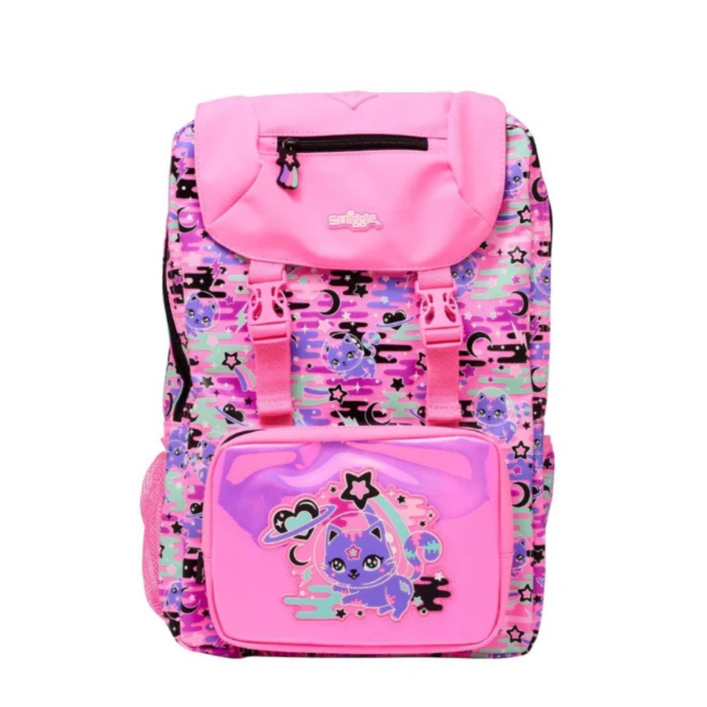Smiggle Pink Astronaut Cat Foldover School Bag for Kids | Premium Durable Backpack (Grade 3–8)xl size (100%orignalO)